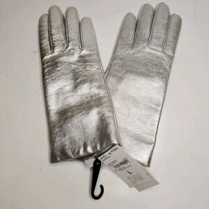 NWT Lands End Womens Cashmere Leather Gloves Metallic Silver L Fits Like S